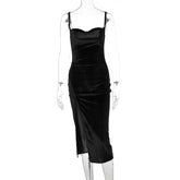 Voguable  Velvet Swing Collar Sleeveless Slip Slit Maxi Dress Evening Party Elegant Streetwear Y2K